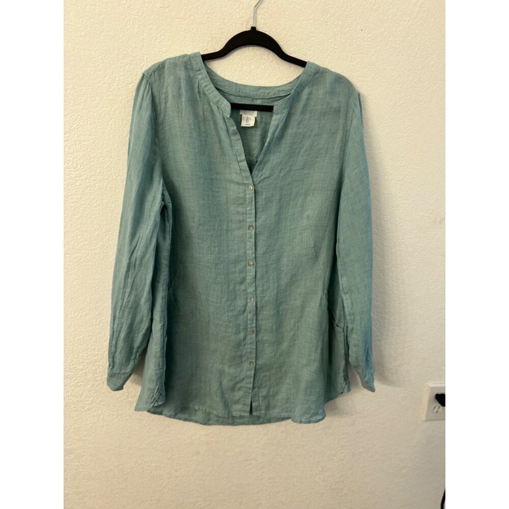 Sigrid Olsen mint linen button down blouse women size large